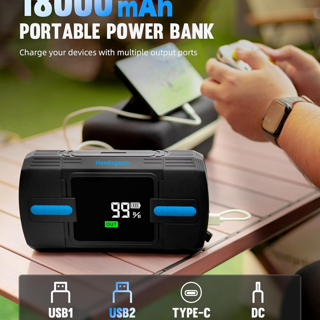 Car Jump Starter with Air Compressor, Hemingson 160PSI 3000A Portable Car Battery Jump Starter (9.0L Gas/8.0L Diesel), 12V Car Battery Jump Box Jumper Starter with Oversized LCD Display, Lights