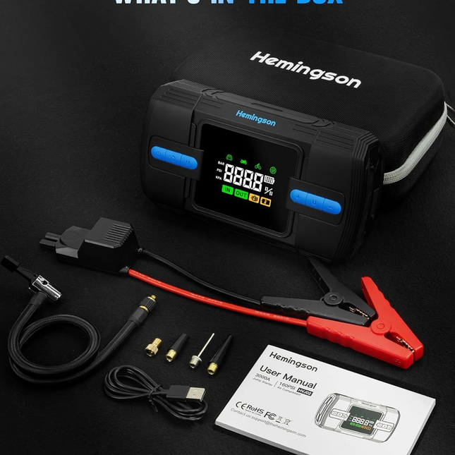Car Jump Starter with Air Compressor, Hemingson 160PSI 3000A Portable Car Battery Jump Starter (9.0L Gas/8.0L Diesel), 12V Car Battery Jump Box Jumper Starter with Oversized LCD Display, Lights