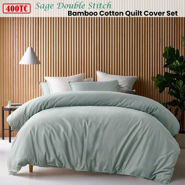 Accessorize 400TC Sage Bamboo Cotton Double Stitch Quilt Cover Set Super King