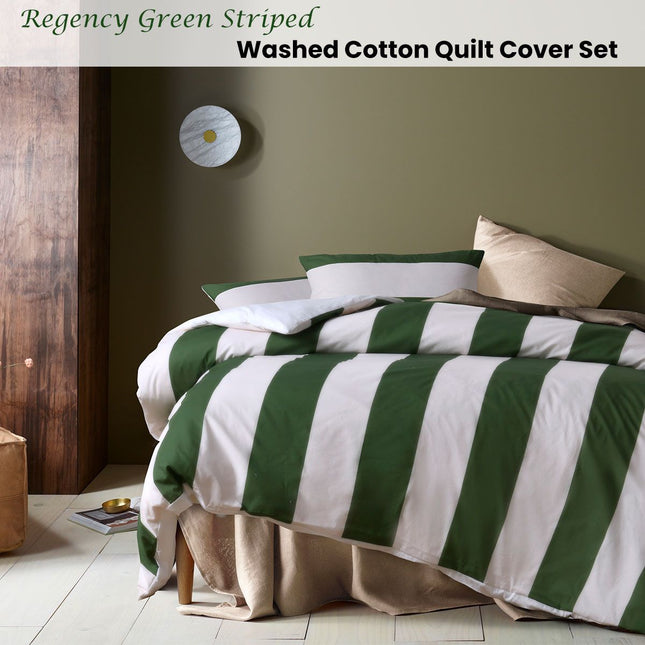 Accessorize Regency Green Striped Washed Cotton Quilt Cover Set Super King