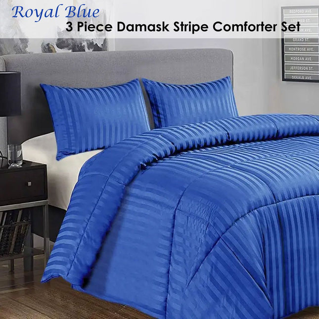 Ramesses 3 Piece Damask Stripe Comforter Set Royal Blue King