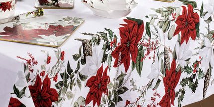 100% Cotton Ashdene Poinsettia Festive Christmas Holiday Tablecloth 150 x 300 cm