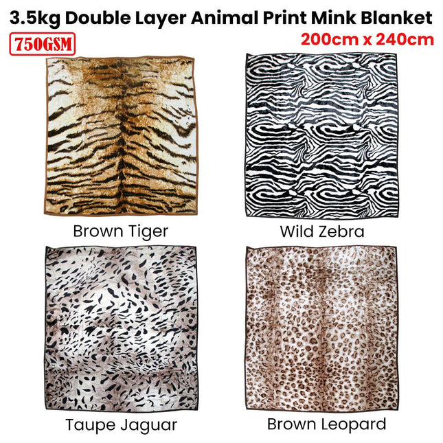750gsm 3.5kg Double Layer Animal Print Faux Mink Blanket Queen 200x240 cm Brown Tiger