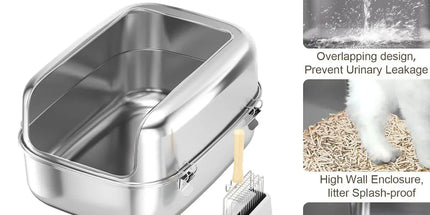 Cat Litter Box Open Design Stainless Steel Large Easy Clean Pet Toilet Tray