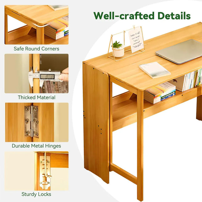 Foldable Student Desk Computer Table Space Saving Bamboo for Bedroom Study Use