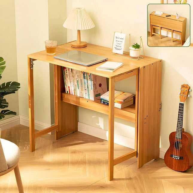 Foldable Student Desk Computer Table Space Saving Bamboo for Bedroom Study Use