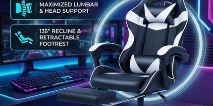 Black and White Gaming Chair with Footrest and Lumbar Support Tyack eCommerce Solutions