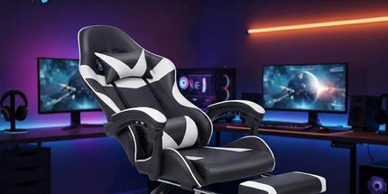 Black and White Gaming Chair with Footrest and Lumbar Support Tyack eCommerce Solutions