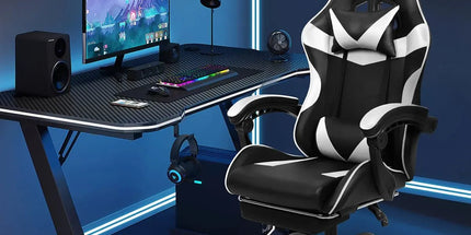 Black and White Gaming Chair with Footrest and Lumbar Support Tyack eCommerce Solutions
