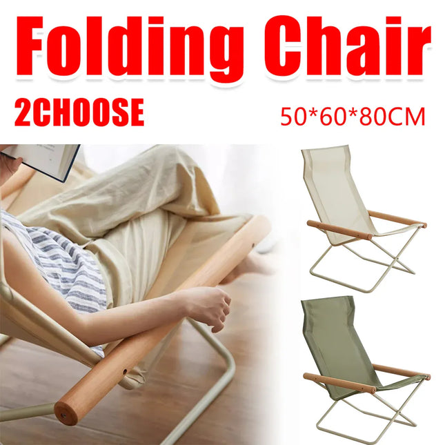 Folding Camping Chair with Solid Wood Armrests Carbon Steel Frame - Green