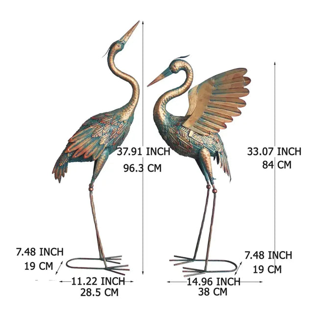 2PCS Metal Crane Statue Decoration Rustproof for Home Garden Patio Yard Ornament