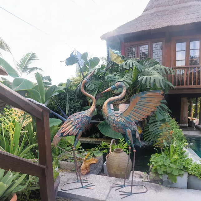 2PCS Metal Crane Statue Decoration Rustproof for Home Garden Patio Yard Ornament