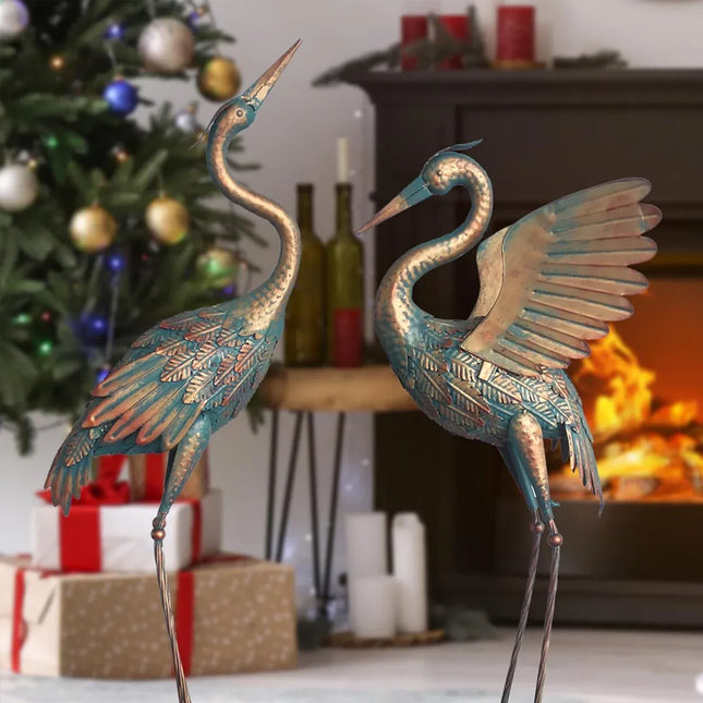2PCS Metal Crane Statue Decoration Rustproof for Home Garden Patio Yard Ornament