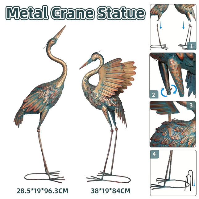2PCS Metal Crane Statue Decoration Rustproof for Home Garden Patio Yard Ornament