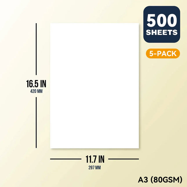 2500 Sheets A4/A3 Printing Paper Premium White No Ghosting for Home Office Use - A3