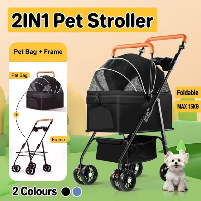 Foldable 2 in 1 Pet Stroller for Outdoor Travel Outing Lightweight Pet Carrier - Blue