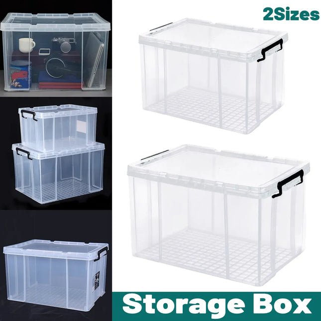 Clear Plastic Storage Box Stackable Large Capacity With Lid Handle Home Use - 61x43x35cm