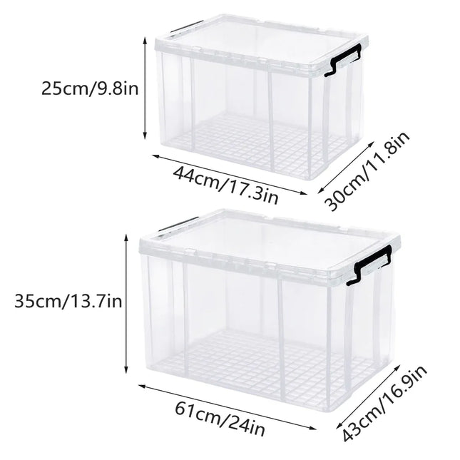 Clear Plastic Storage Box Stackable Large Capacity With Lid Handle Home Use - 61x43x35cm