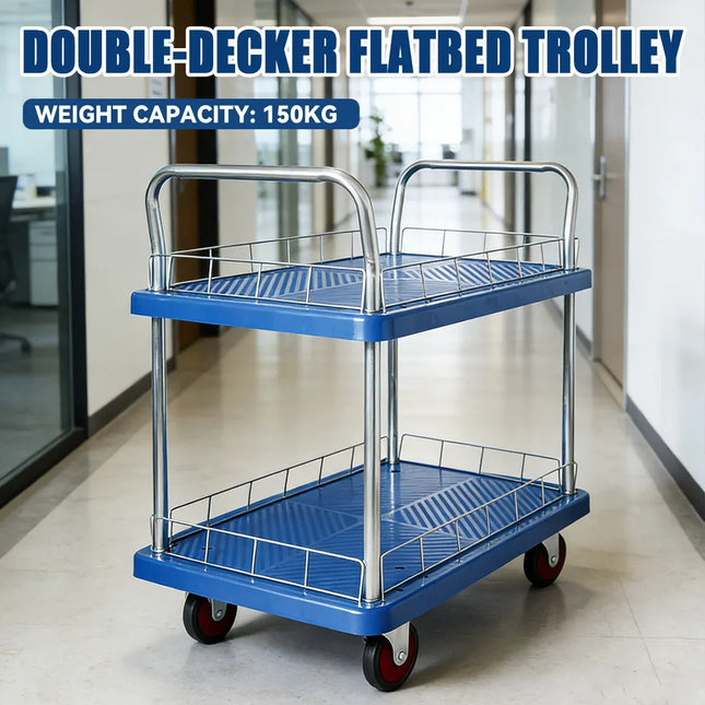 2 Tier Silent Flatbed Trolley with Double Handle for Moving Warehouse Transport