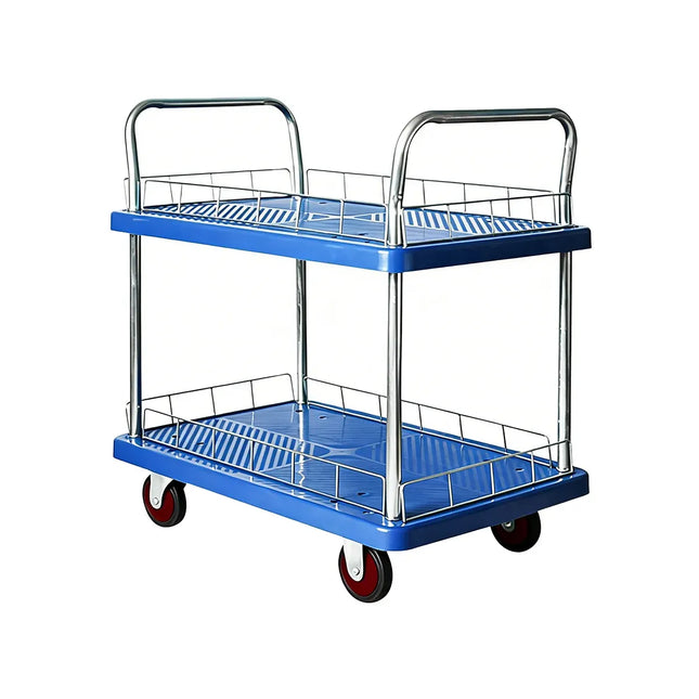 2 Tier Silent Flatbed Trolley with Double Handle for Moving Warehouse Transport