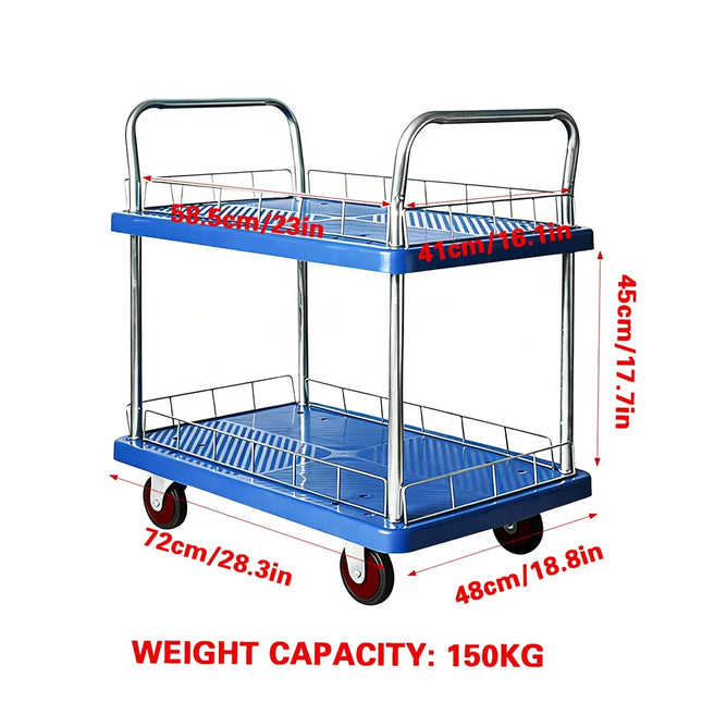 2 Tier Silent Flatbed Trolley with Double Handle for Moving Warehouse Transport