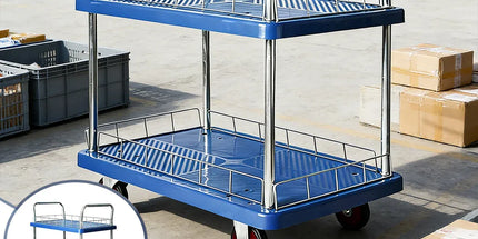 2 Tier Silent Flatbed Trolley with Double Handle for Moving Warehouse Transport