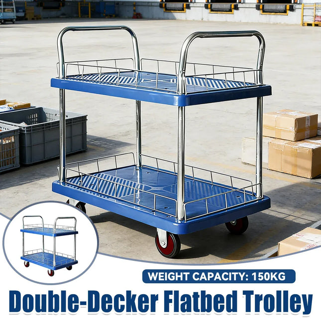 2 Tier Silent Flatbed Trolley with Double Handle for Moving Warehouse Transport