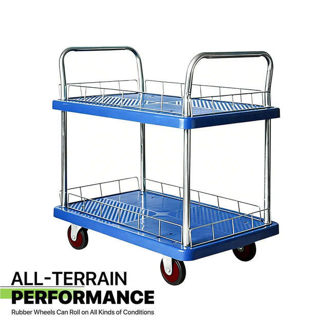 2 Tier Silent Flatbed Trolley with Double Handle for Moving Warehouse Transport