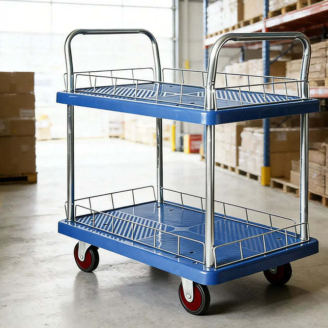 2 Tier Silent Flatbed Trolley with Double Handle for Moving Warehouse Transport
