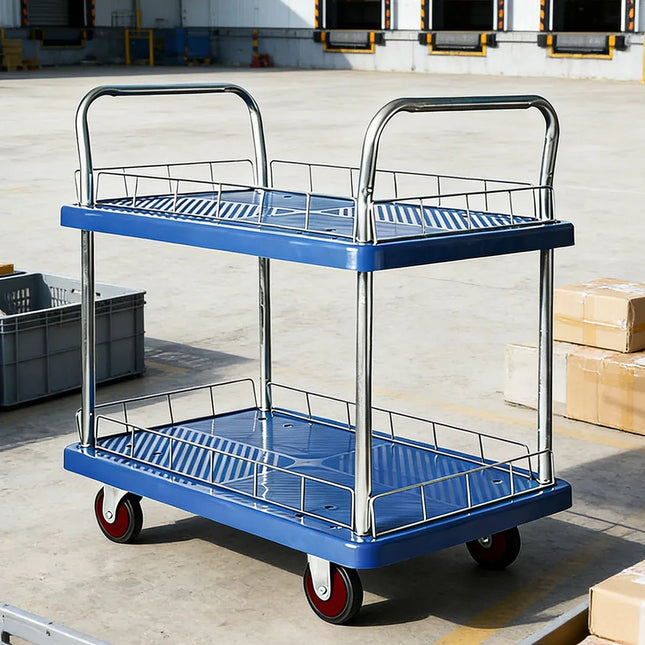2 Tier Silent Flatbed Trolley with Double Handle for Moving Warehouse Transport