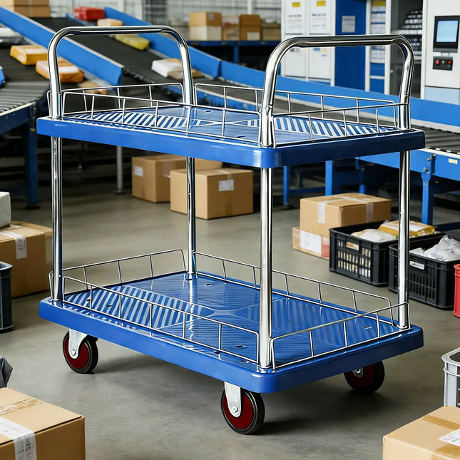 2 Tier Silent Flatbed Trolley with Double Handle for Moving Warehouse Transport