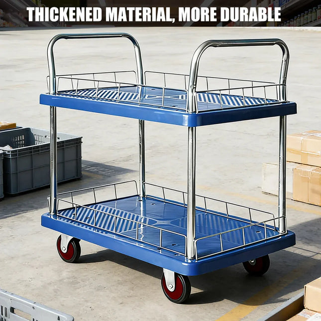 2 Tier Silent Flatbed Trolley with Double Handle for Moving Warehouse Transport