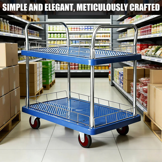 2 Tier Silent Flatbed Trolley with Double Handle for Moving Warehouse Transport