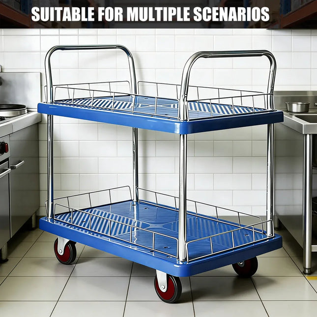 2 Tier Silent Flatbed Trolley with Double Handle for Moving Warehouse Transport