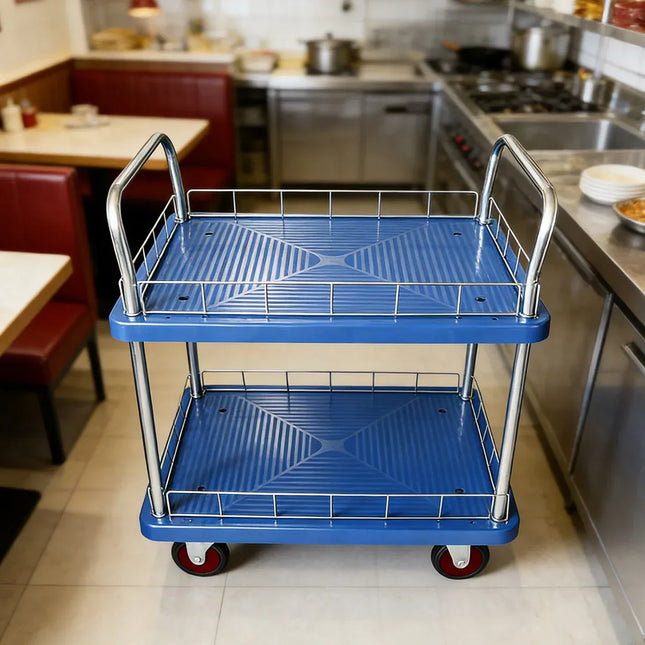 2 Tier Silent Flatbed Trolley with Double Handle for Moving Warehouse Transport