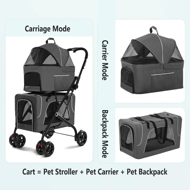 3 in 1 Portable Folding Pet Stroller Outdoor Travel Double Deck Cat Dog Carrier