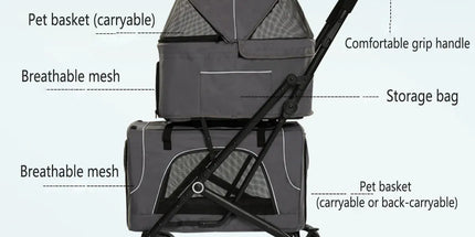 3 in 1 Portable Folding Pet Stroller Outdoor Travel Double Deck Cat Dog Carrier