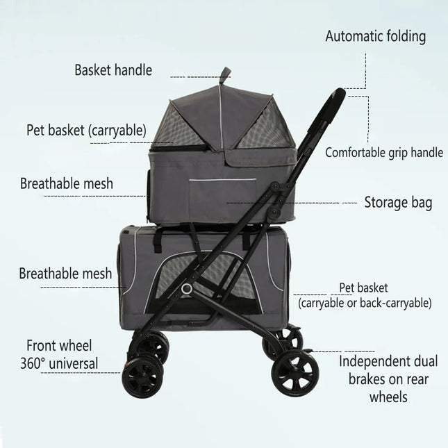 3 in 1 Portable Folding Pet Stroller Outdoor Travel Double Deck Cat Dog Carrier