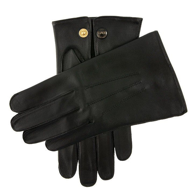 Dents Mens Classic Sandhurst Unlined Leather Gloves With 3-Point Stitch Detail Palm Vent & Dents Press Stud Fastening - Black - 8