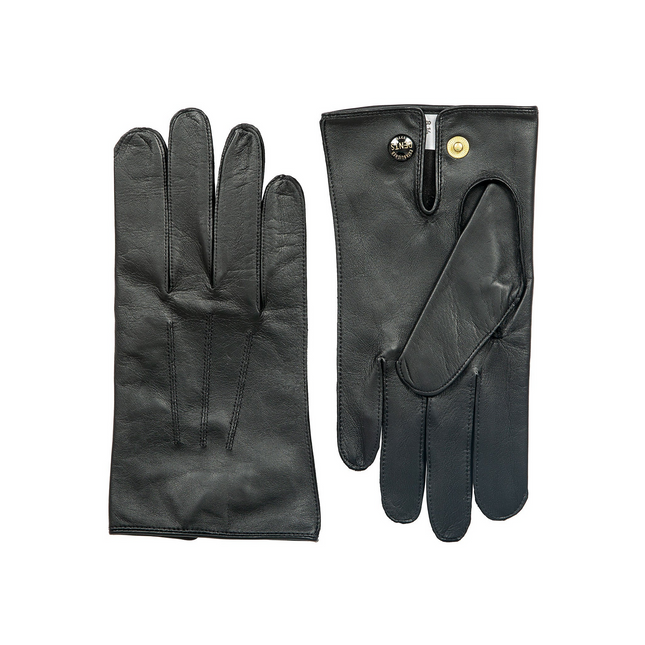 Dents Mens Classic Sandhurst Unlined Leather Gloves With 3-Point Stitch Detail Palm Vent & Dents Press Stud Fastening - Black - 8