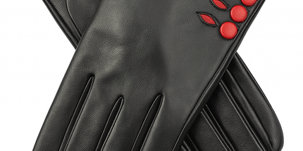 Dents Womens Leather Gloves w/ Button Detail Piped Cuff & Silk Feel Lining - Black/Berry - Small