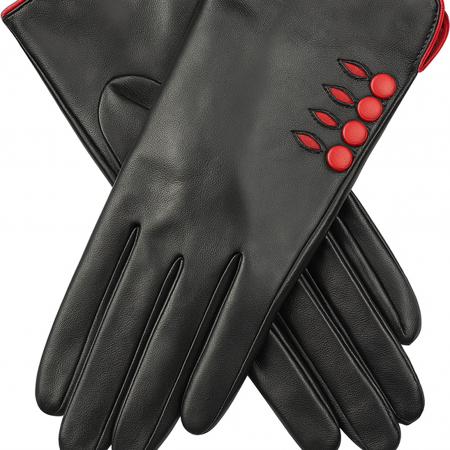 Dents Womens Leather Gloves w/ Button Detail Piped Cuff & Silk Feel Lining - Black/Berry - Small