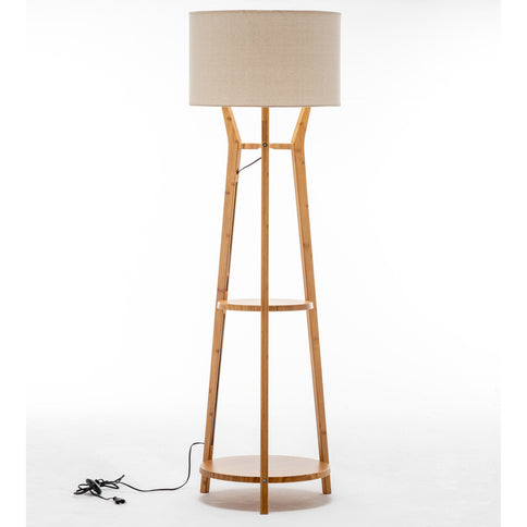 168cm Large Bamboo Wooden Tripod Floor Lamp Light Linen Shade w Shelves