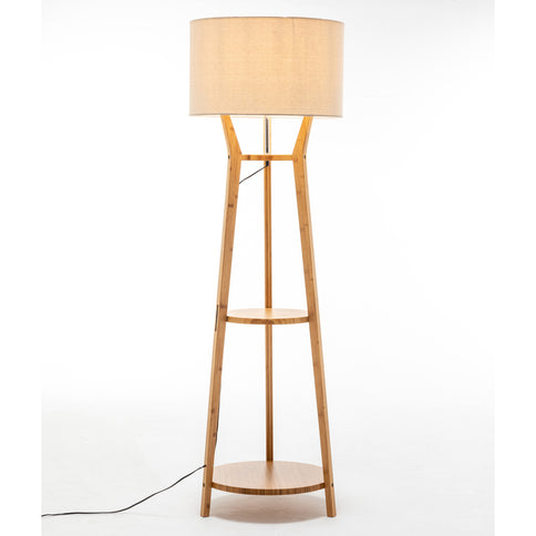 168cm Large Bamboo Wooden Tripod Floor Lamp Light Linen Shade w Shelves