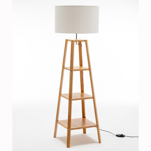 Eiffel 3 Tier Natural Wood Floor Lamp w/ Storage Shelves + Off White