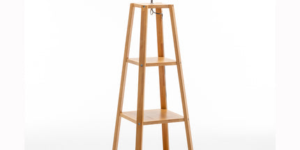 Eiffel 3 Tier Natural Wood Floor Lamp w/ Storage Shelves + Off White Linen Shade