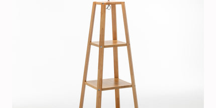 Eiffel 3 Tier Natural Wood Floor Lamp w/ Storage Shelves + Off White Linen Shade