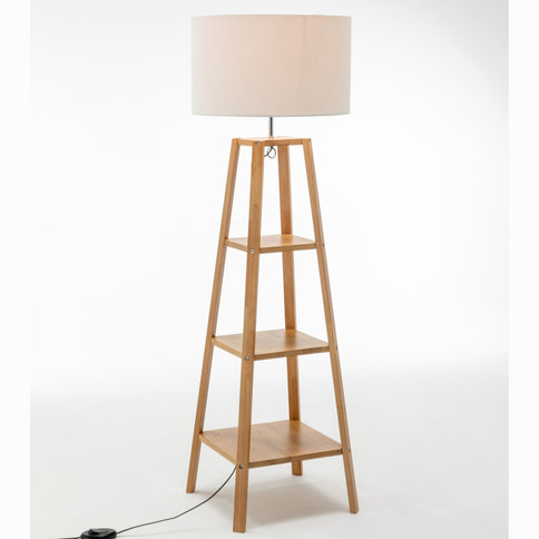 Eiffel 3 Tier Natural Wood Floor Lamp w/ Storage Shelves + Off White