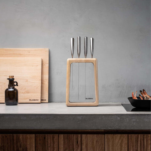 Global Hashira 5pc Japanese Knife Block Set Maple Stainless Steel