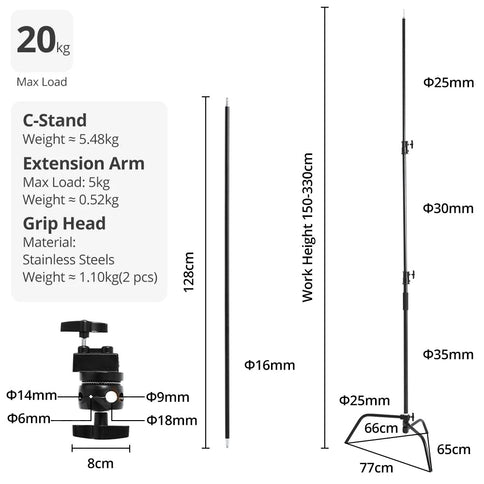 150-330cm Black Heavy Duty C-Stand Light Stand Load 20KG Capacity